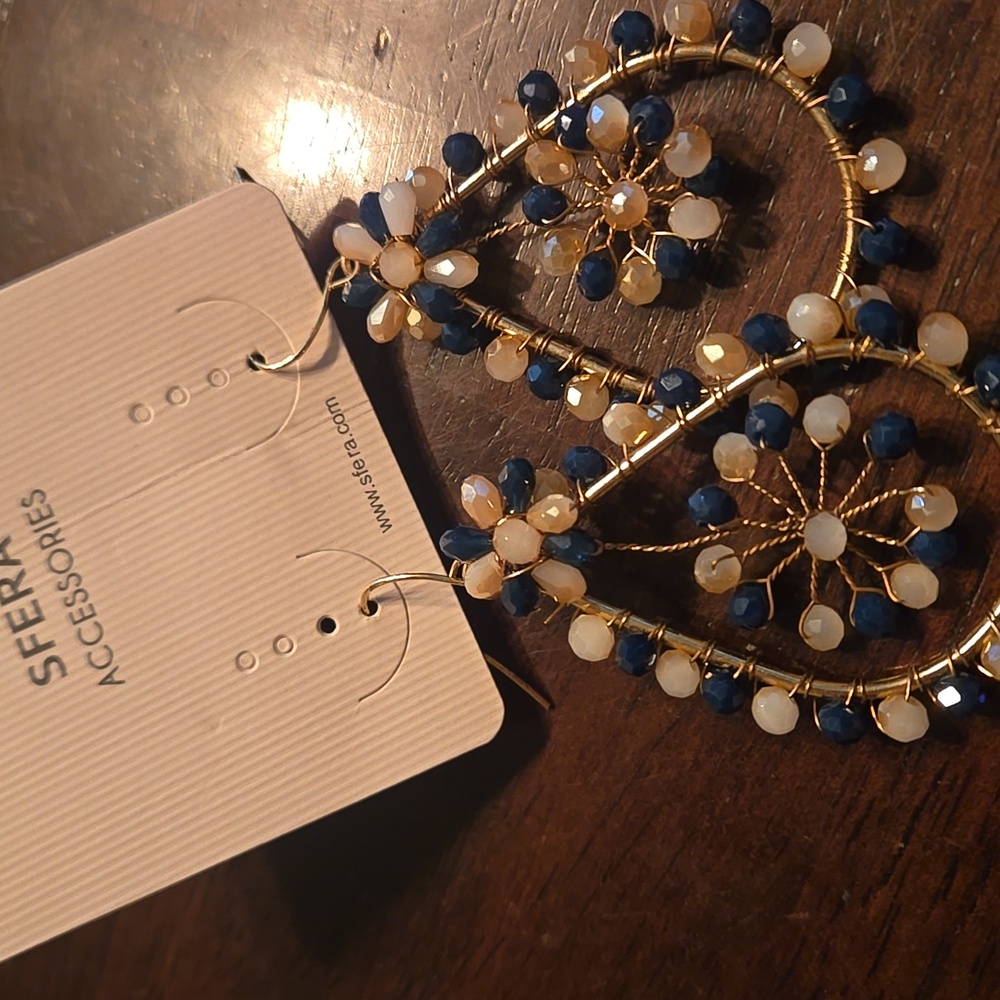SFERA Gold and Navy Teardrop Beaded Earrings, New, From Spain